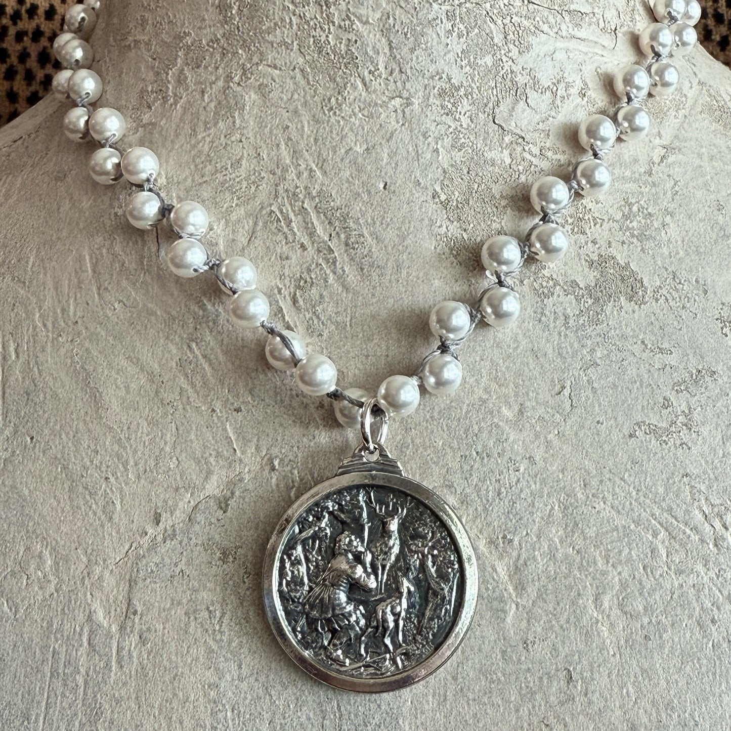 Large St. Hubert's Medal on White Pearls
