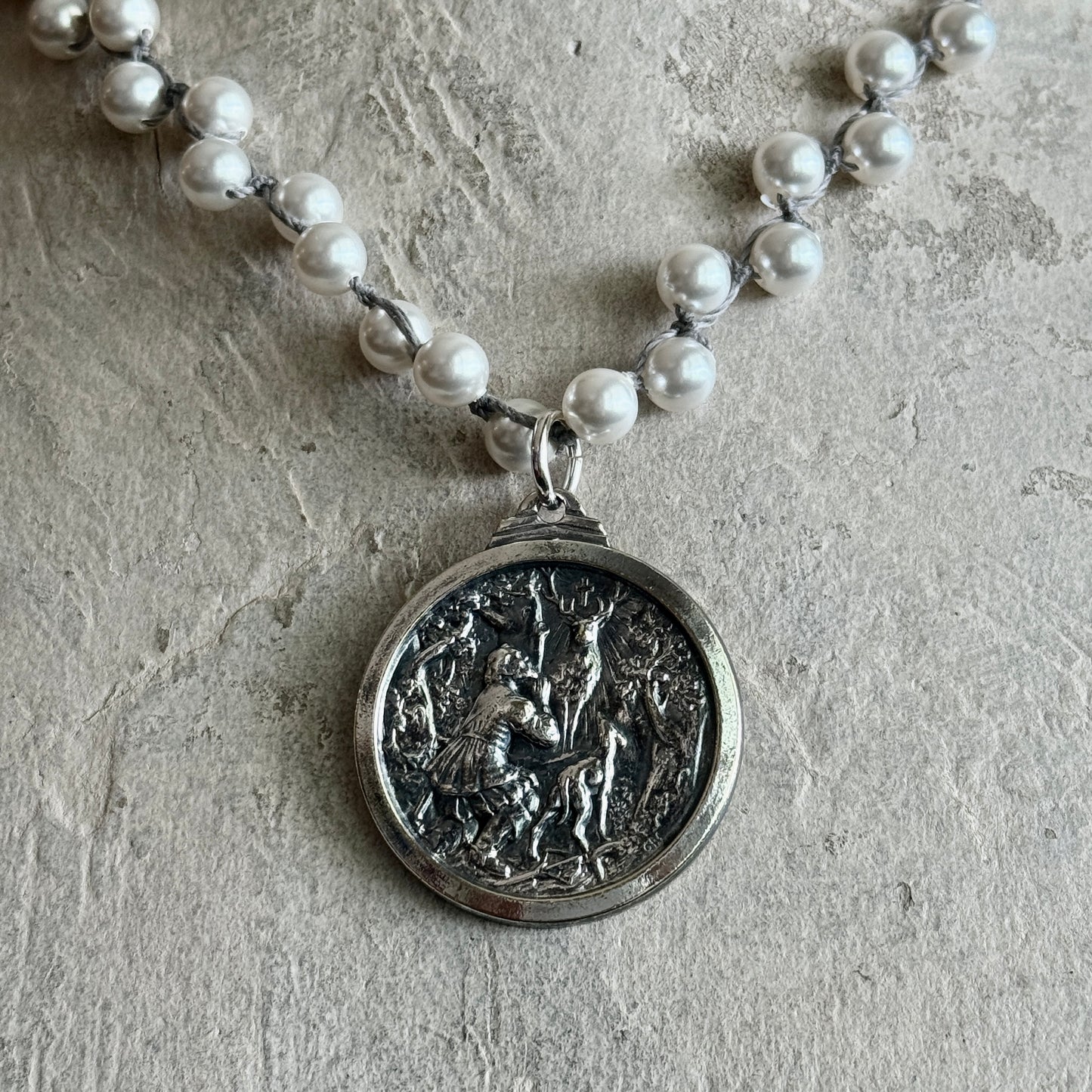 Large St. Hubert's Medal on White Pearls