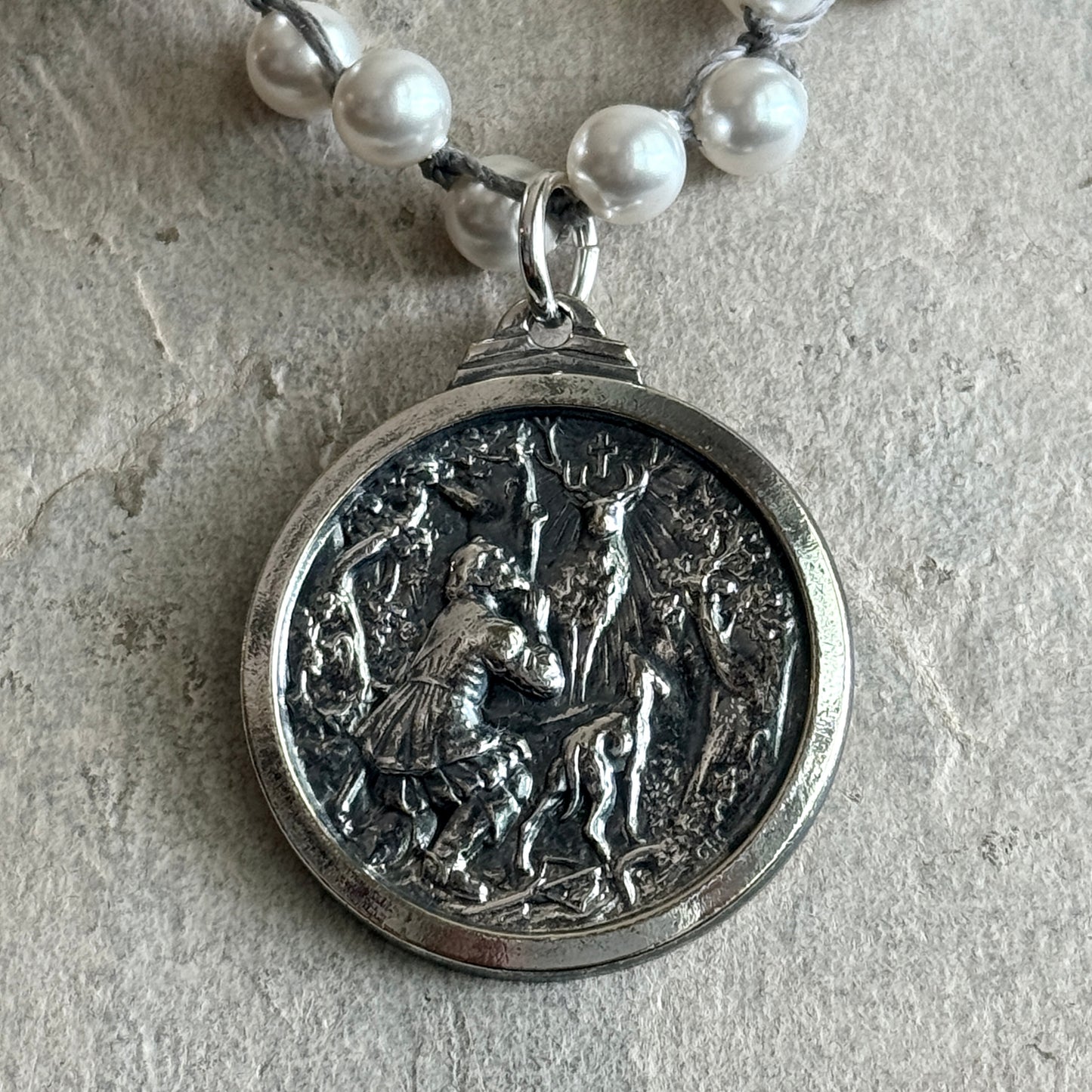 Large St. Hubert's Medal on White Pearls