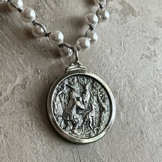 Large St. Hubert's Medal on White Pearls