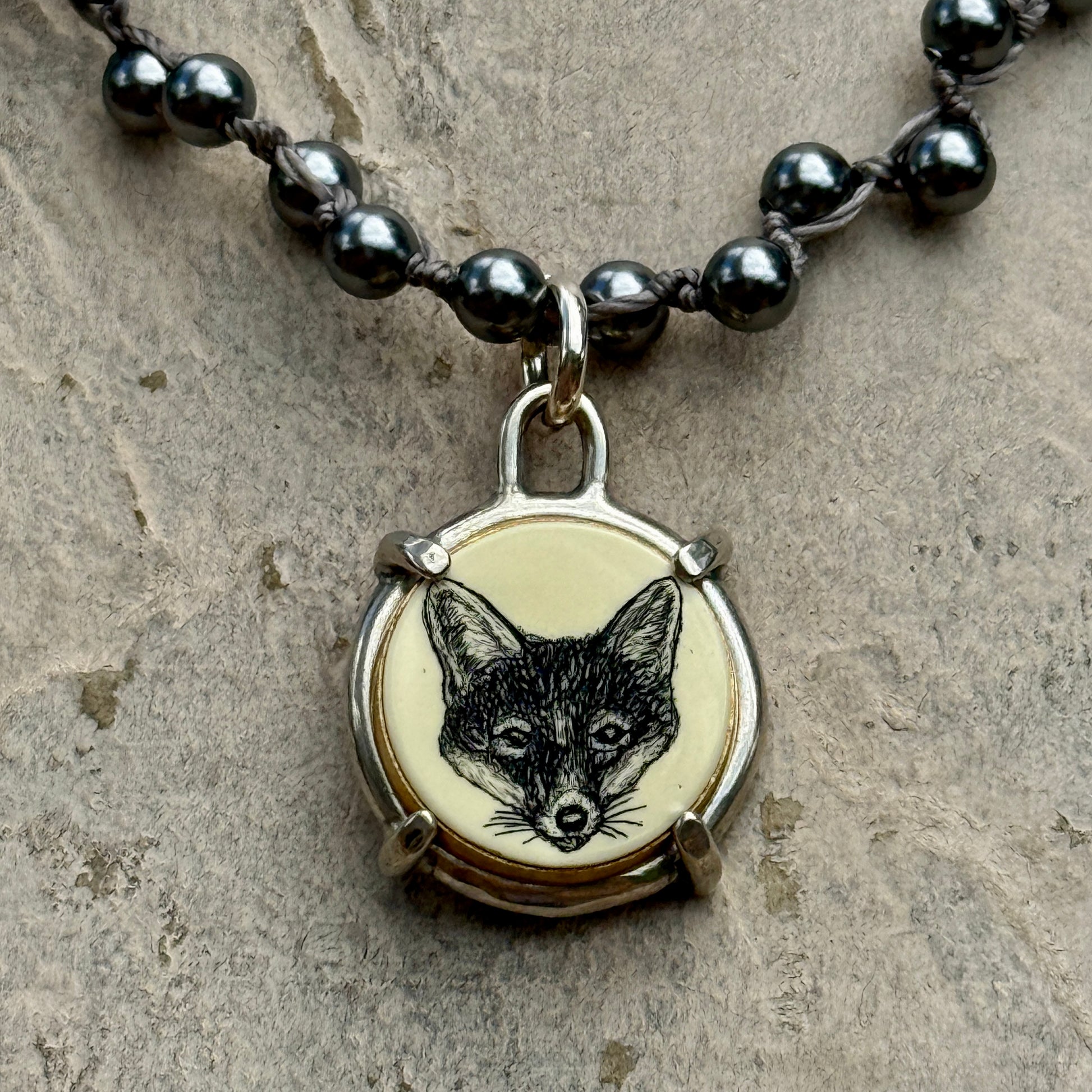 Little Lovely Scrimshaw Fox Mask Necklace