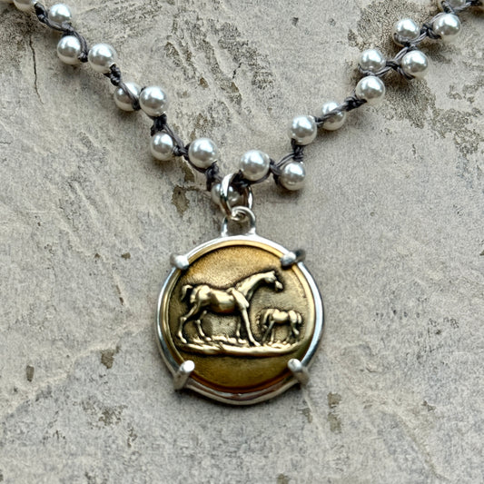 Bronze Mare and Foal Horse Necklace