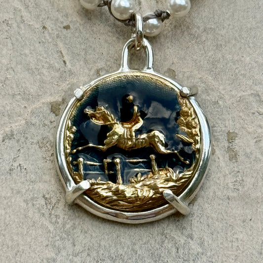 Blue Enamel and Bright Brass Galloping Horse Button Necklace