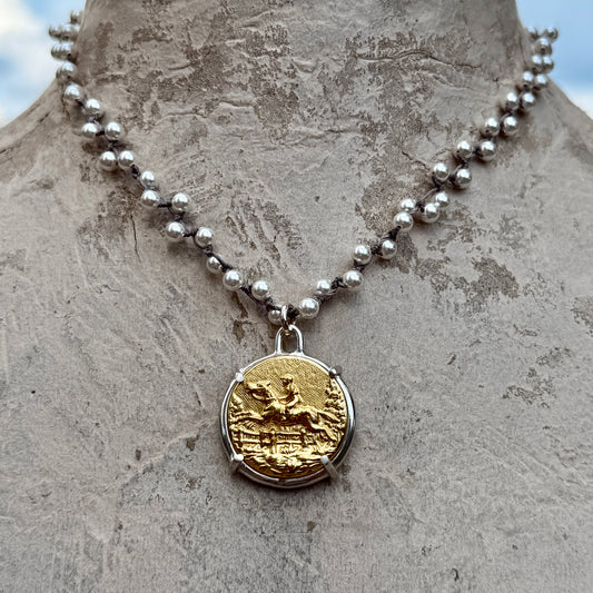 Bright Brass Galloping Horse Button Necklace
