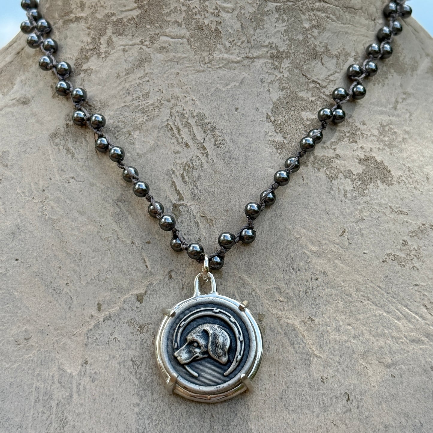 Handsome Silver Hound in Horseshoe Dog Button Necklace
