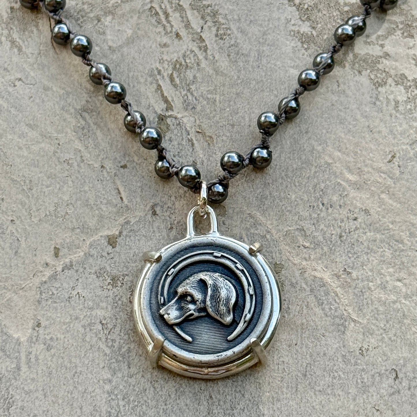 Handsome Silver Hound in Horseshoe Dog Button Necklace