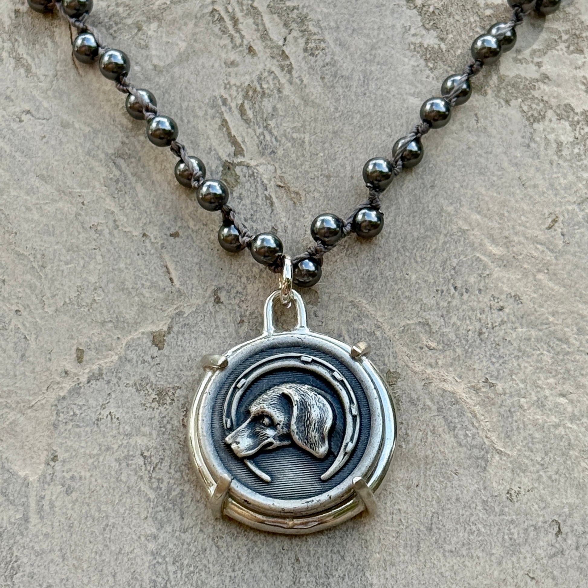 Handsome Silver Hound in Horseshoe Dog Button Necklace