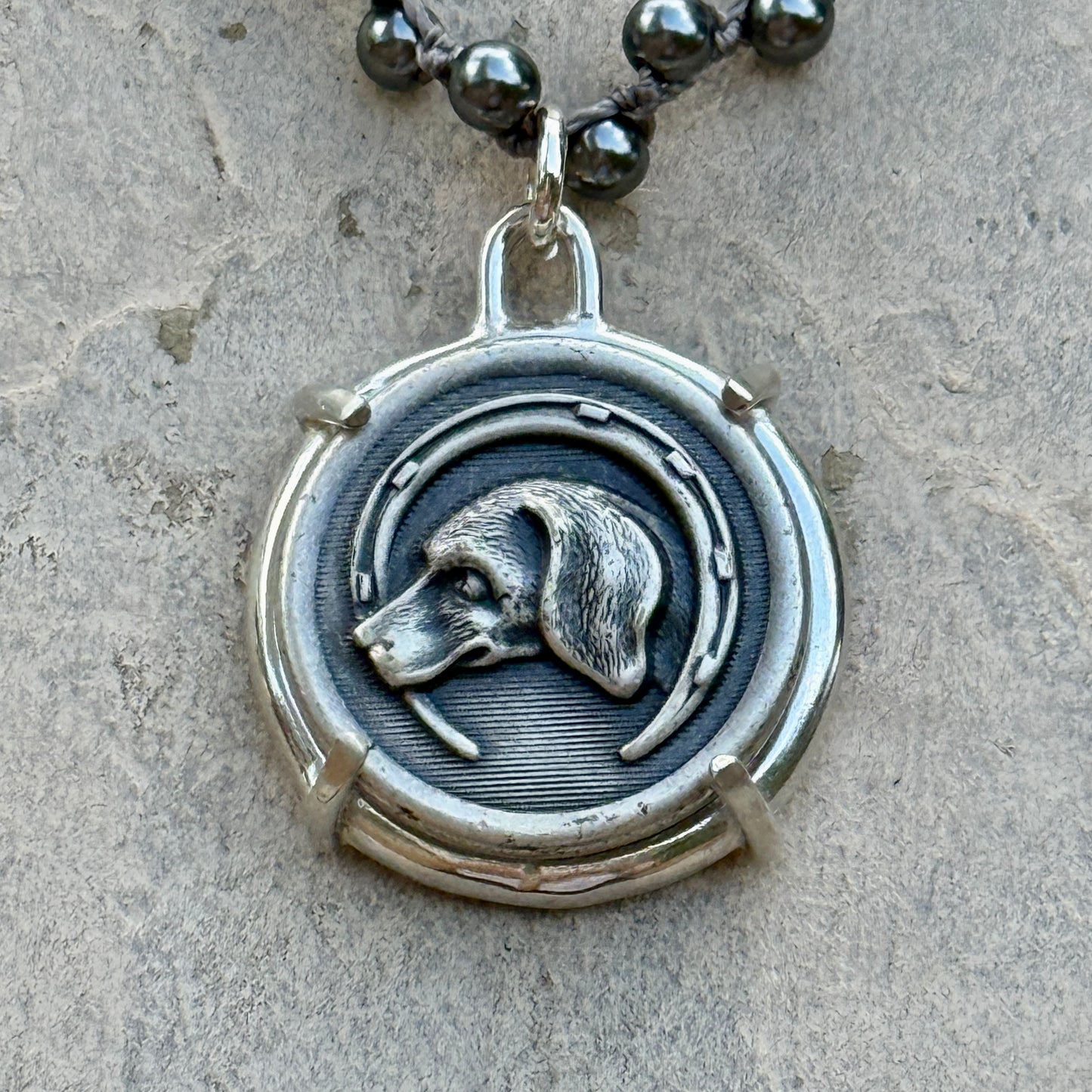Handsome Silver Hound in Horseshoe Dog Button Necklace