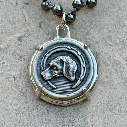 Handsome Silver Hound in Horseshoe Dog Button Necklace