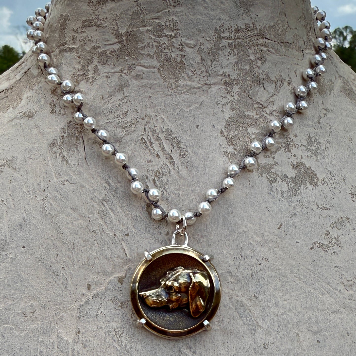 Handsome Antique Bronze Dog Button Necklace