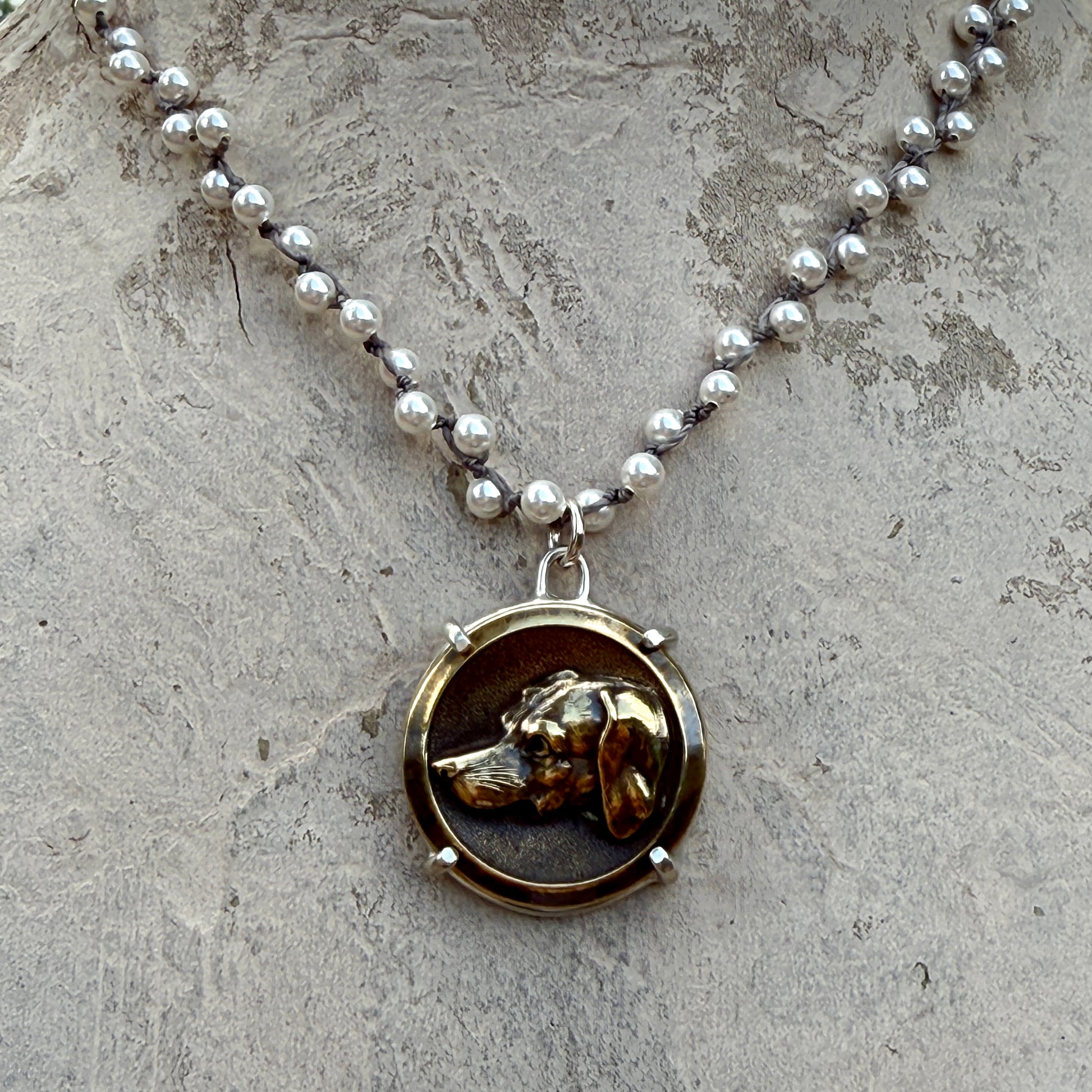 Handsome Antique Bronze Dog Button Necklace
