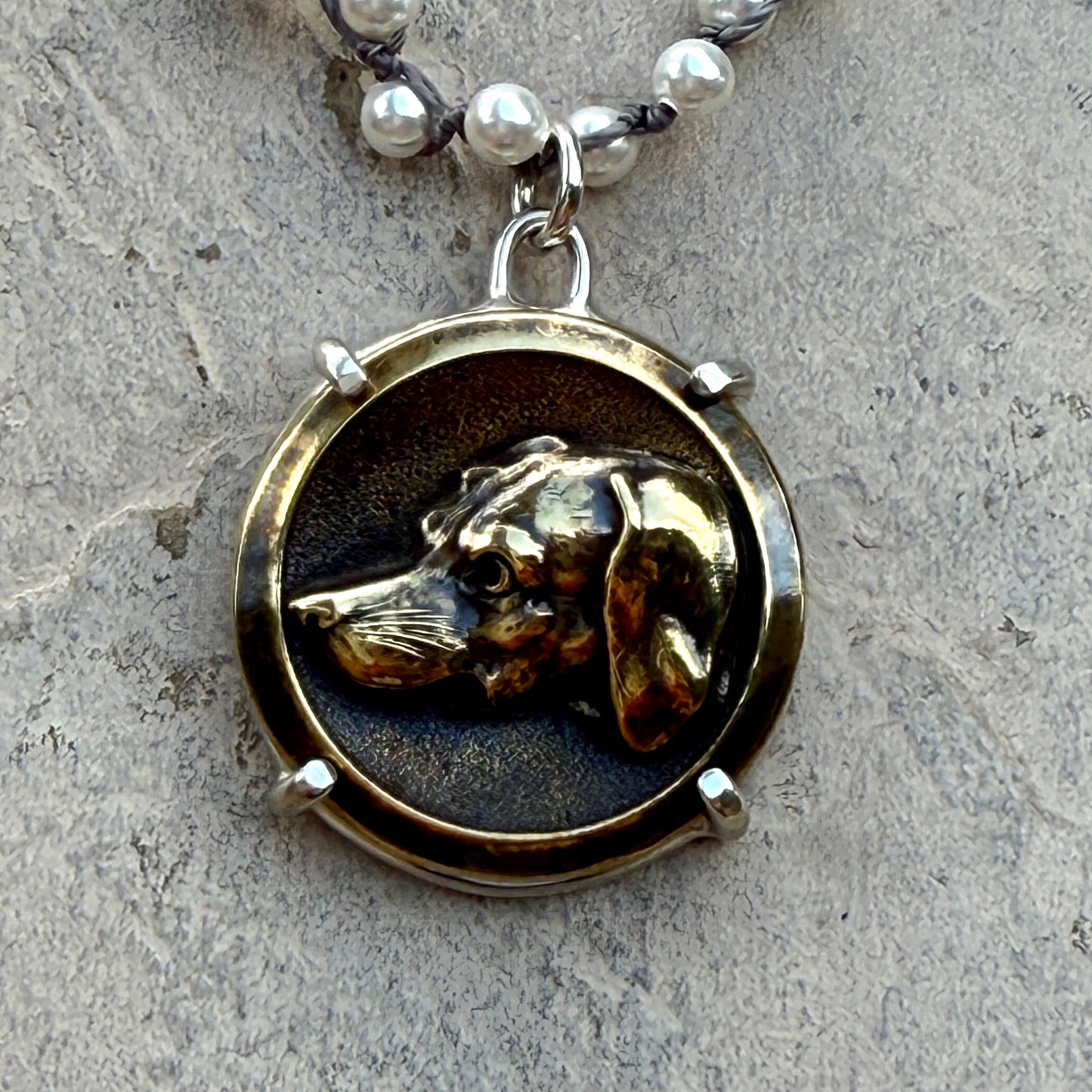 Handsome Antique Bronze Dog Button Necklace