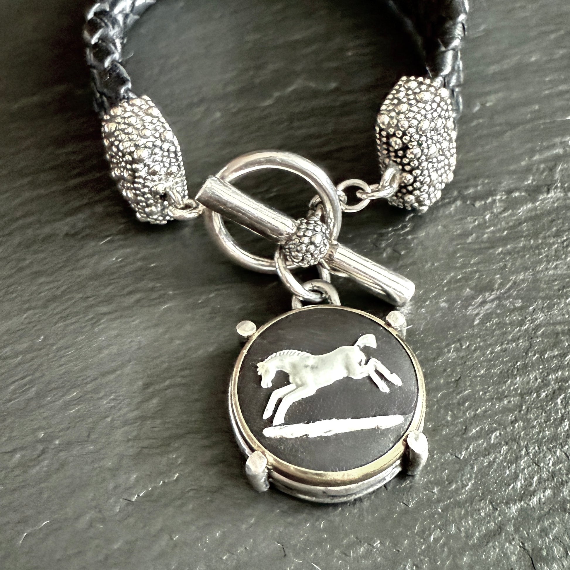 Braided Leather Wedgewood Horse Bracelet