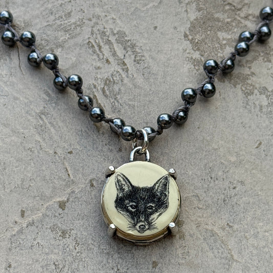 Lovely Scrimshaw Fox Mask Necklace
