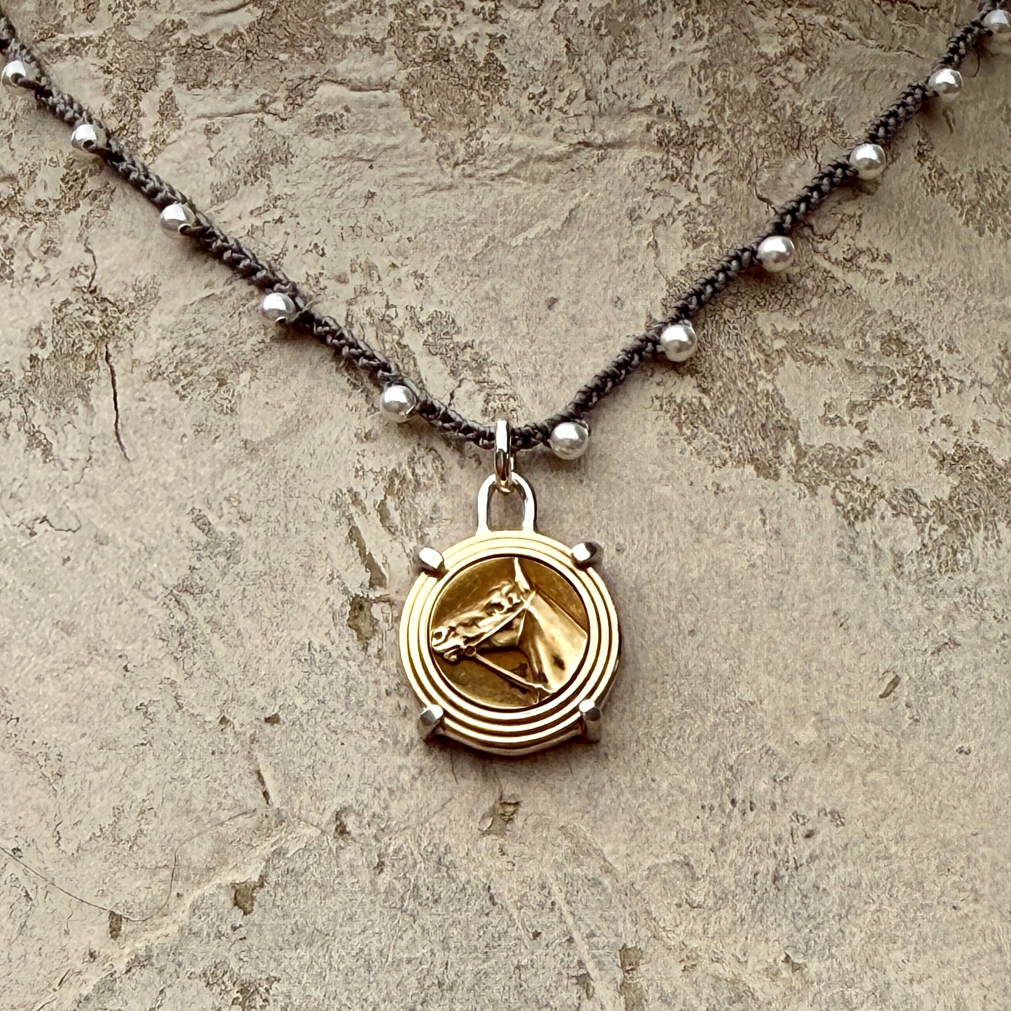 Vintage Horse Medallion Necklace on Hand-Crocheted Cord