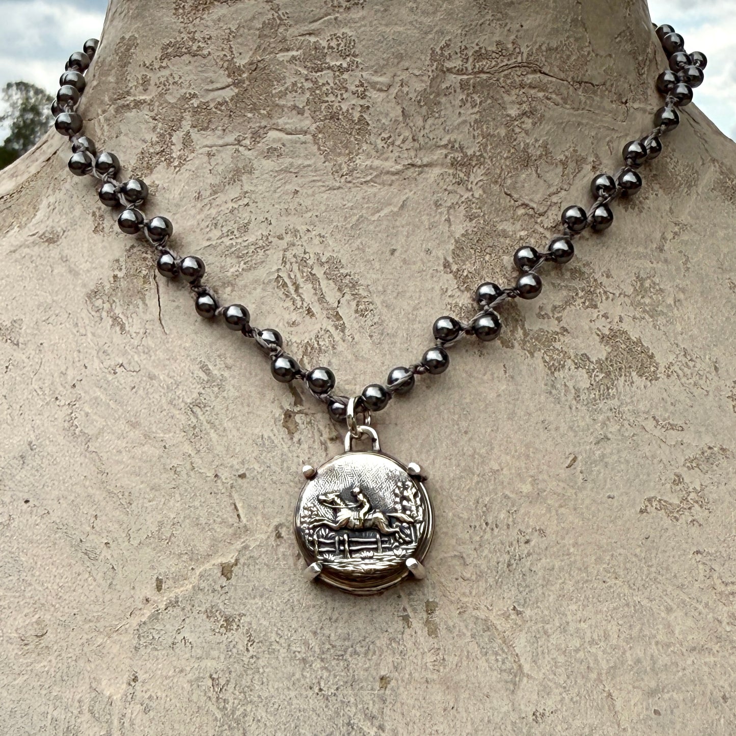 Silvered Galloping Horse Button Necklace