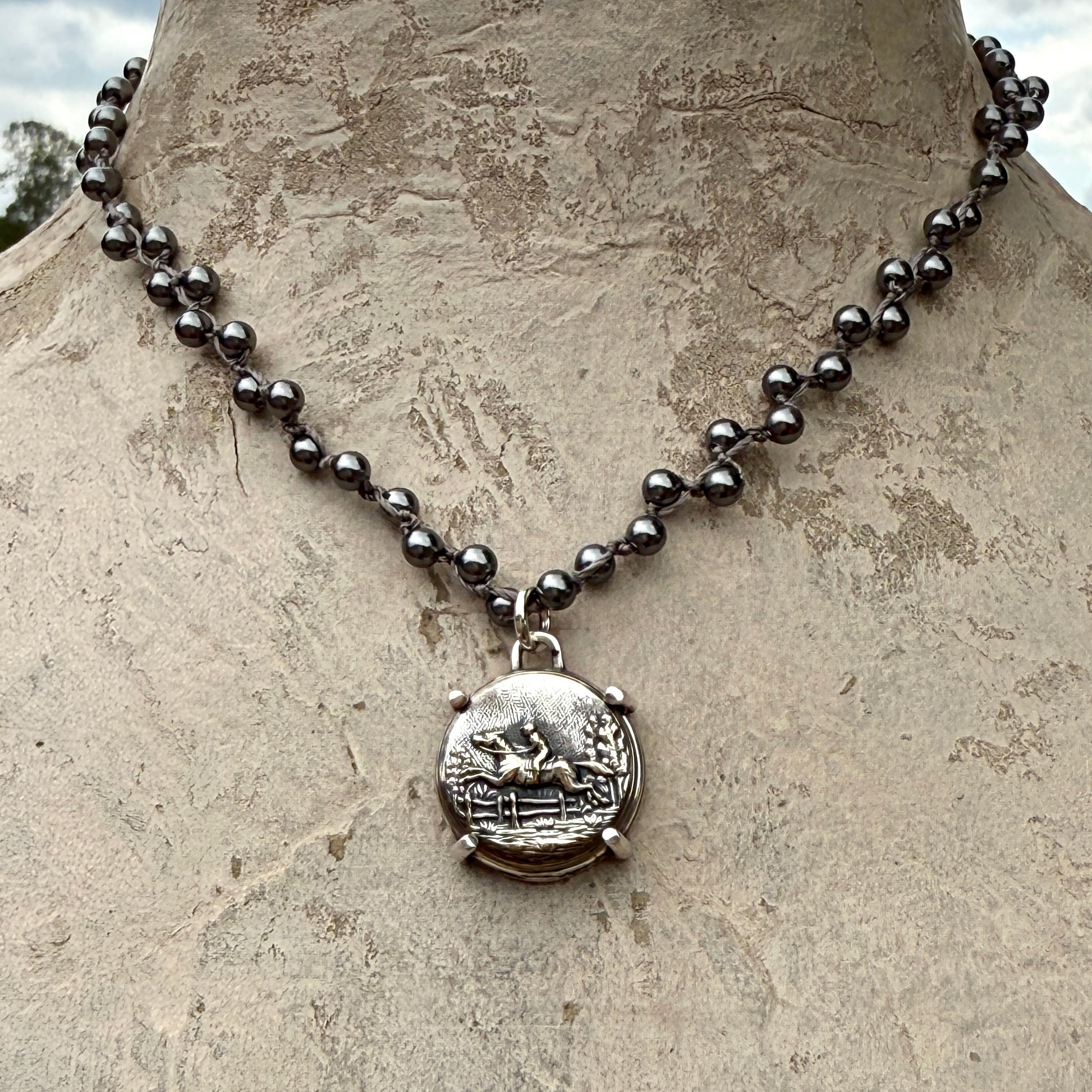 Silvered Galloping Horse Button Necklace