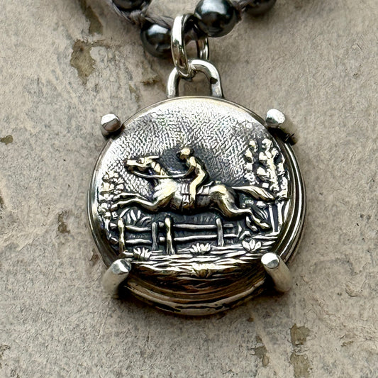 Silvered Galloping Horse Button Necklace