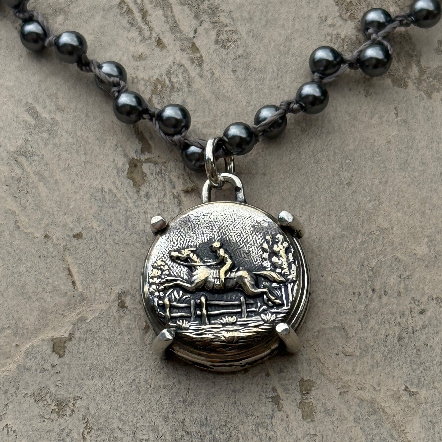 Silvered Galloping Horse Button Necklace