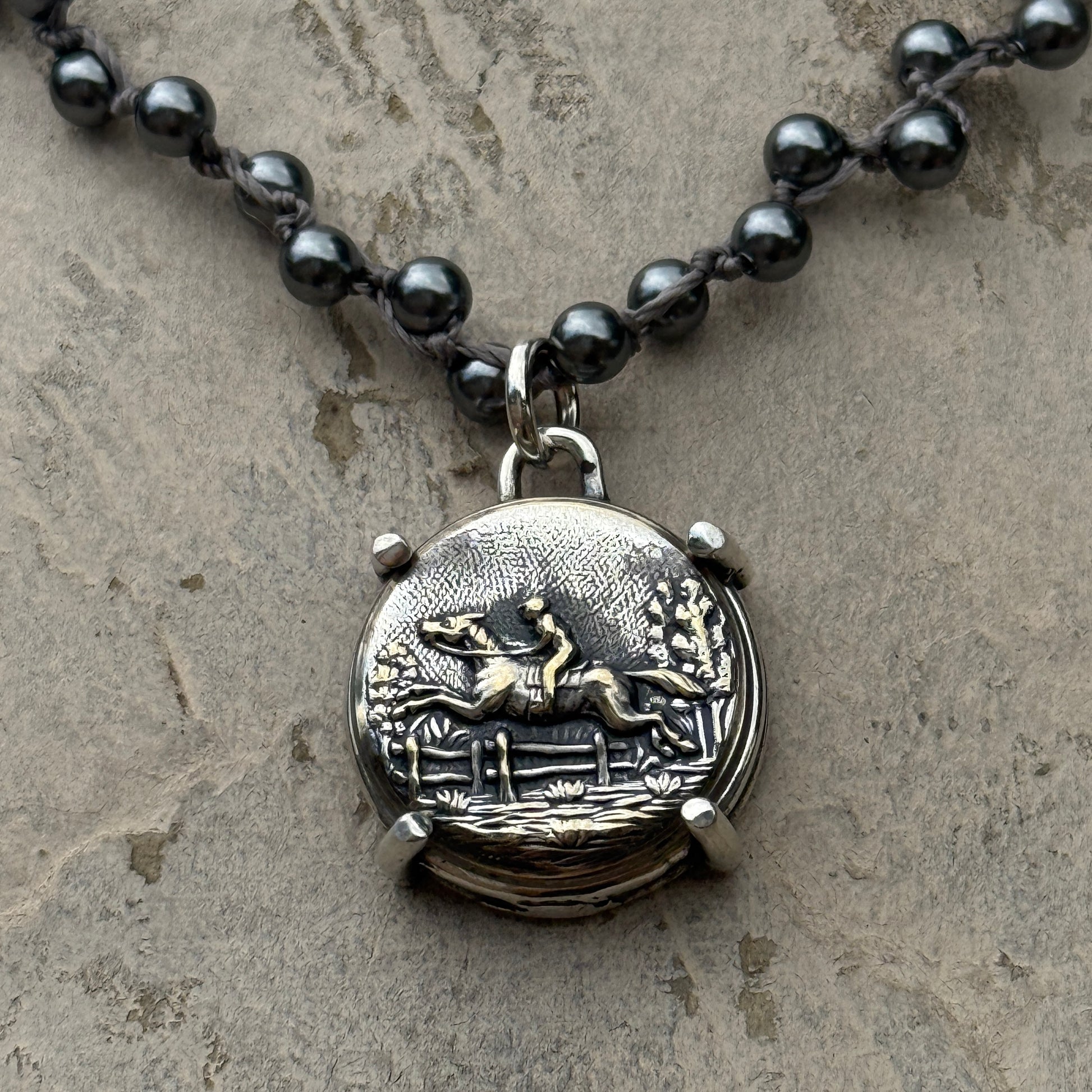 Silvered Galloping Horse Button Necklace