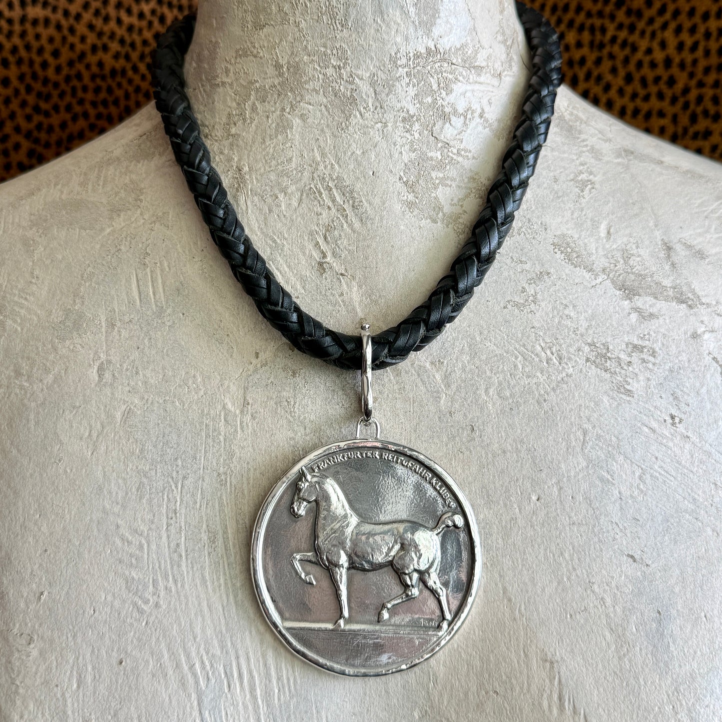 Large Frankfurt Riding School Silvered Bronze Medal on Braided Leather Necklace