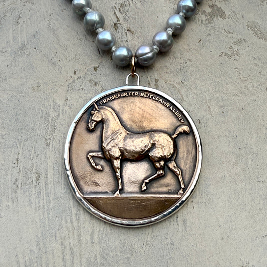 1920 Large Frankfurt Riding School Bronze Medal on Pearl Necklace