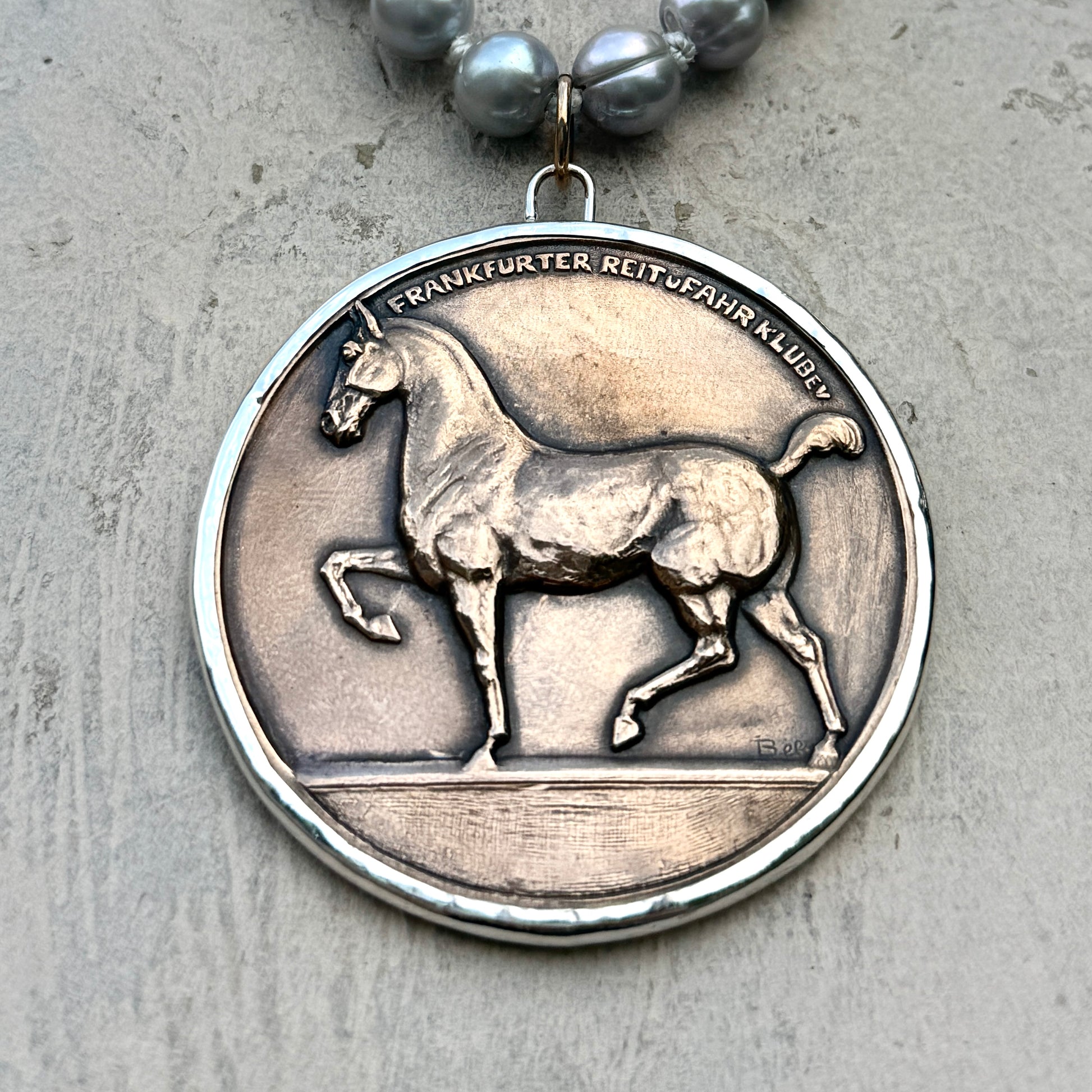 1920 Large Frankfurt Riding School Bronze Medal on Pearl Necklace