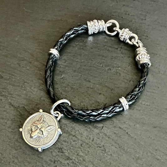 Braided Leather Fox Mask Bracelet