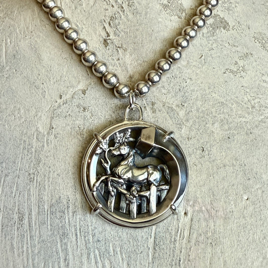 Wrapped Nail Jumping Horse Necklace on Sterling Silver Bead Necklace