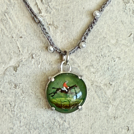 Emerald Intaglio Jumping Horse Button Necklace