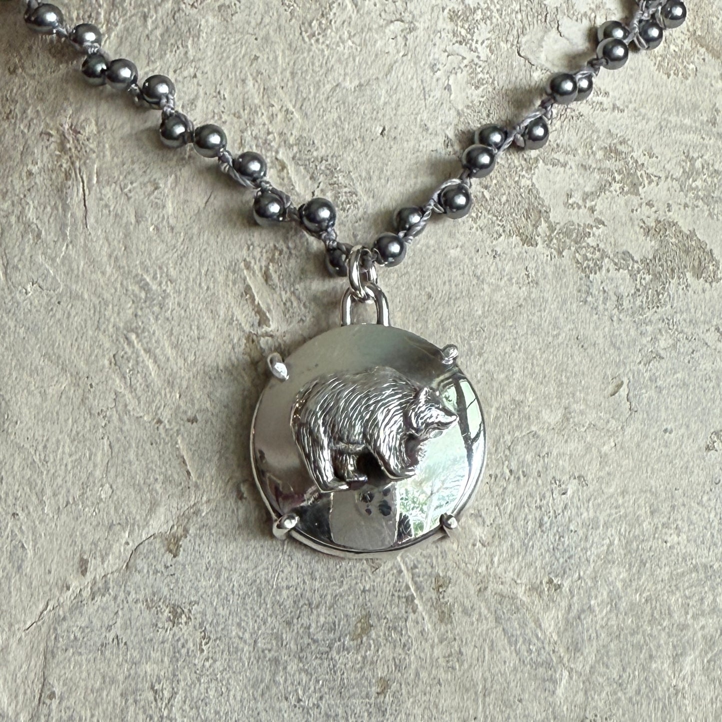 Solid Sterling Silver Bear Button Necklace