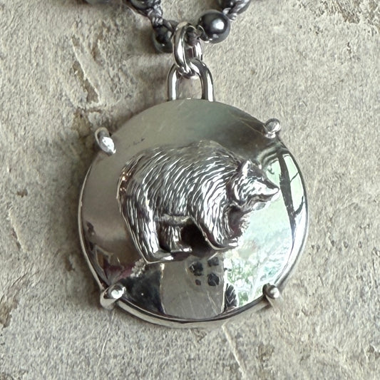 Solid Sterling Silver Bear Button Necklace