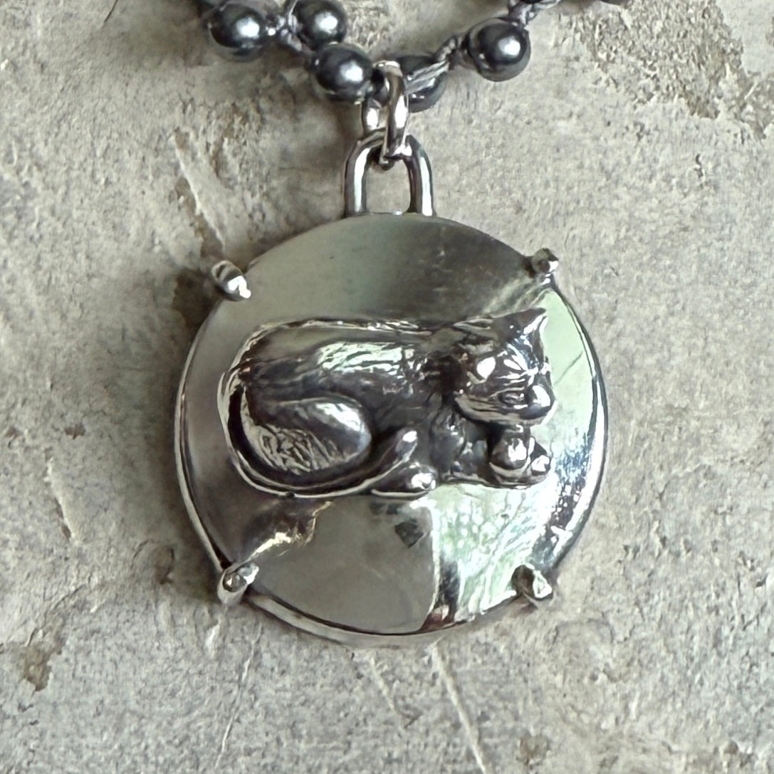 Solid Sterling Silver Cat Button Necklace