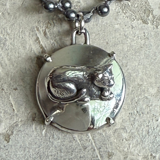 Solid Sterling Silver Cat Button Necklace