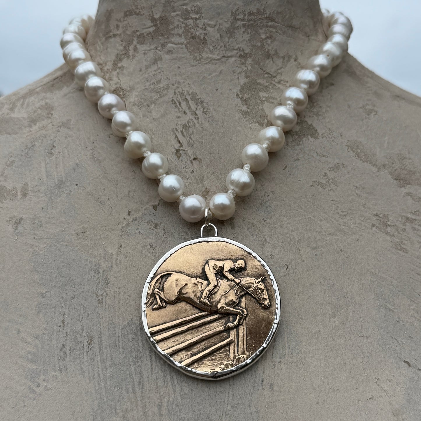 1970 French Jumping Medal on Pearl Necklace