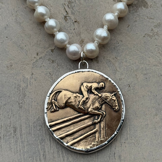 1970 French Jumping Medal on Pearl Necklace