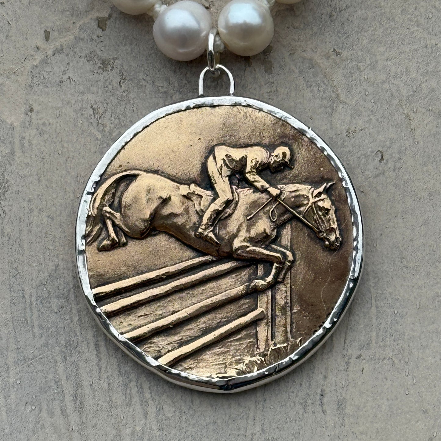 1970 French Jumping Medal on Pearl Necklace