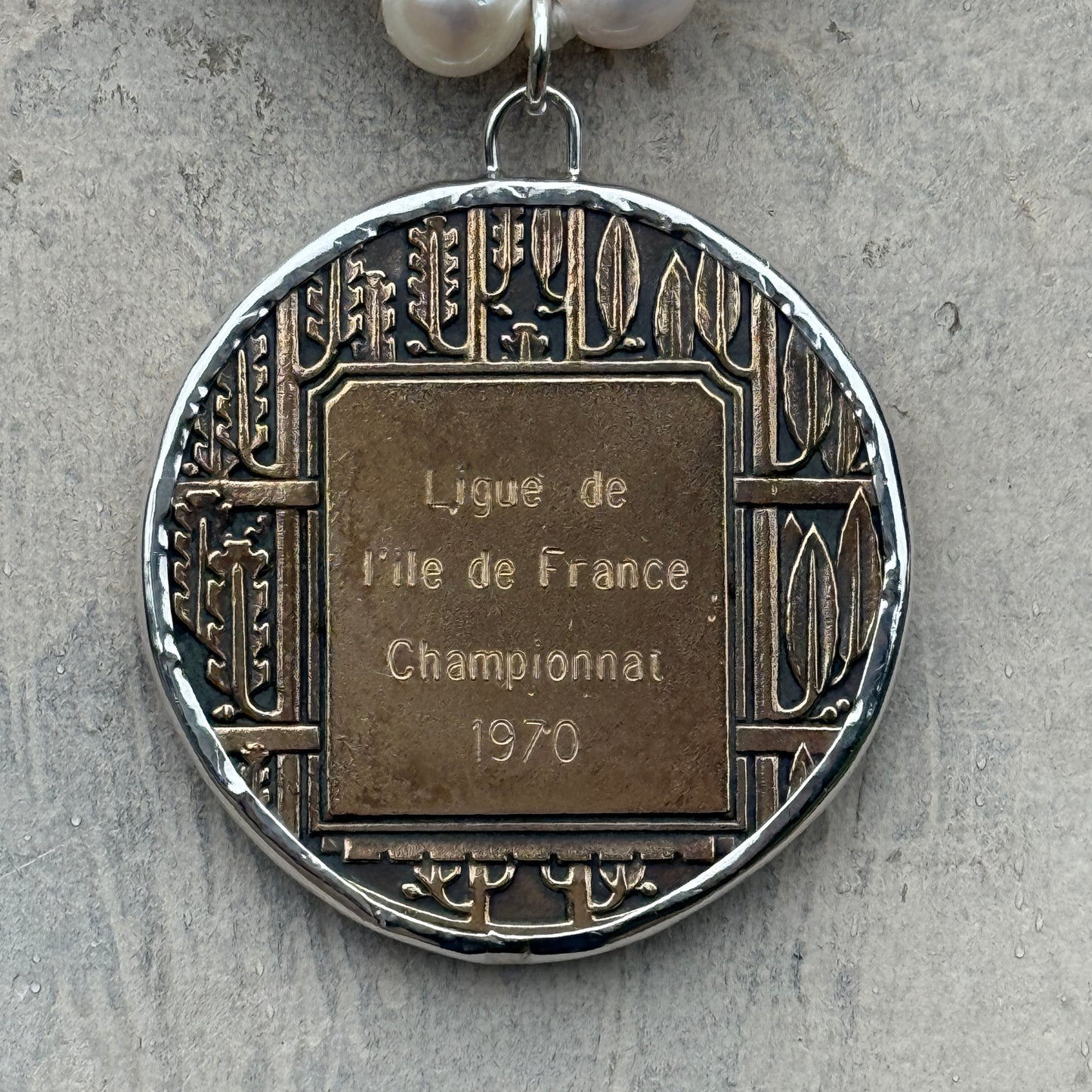 1970 French Jumping Medal on Pearl Necklace