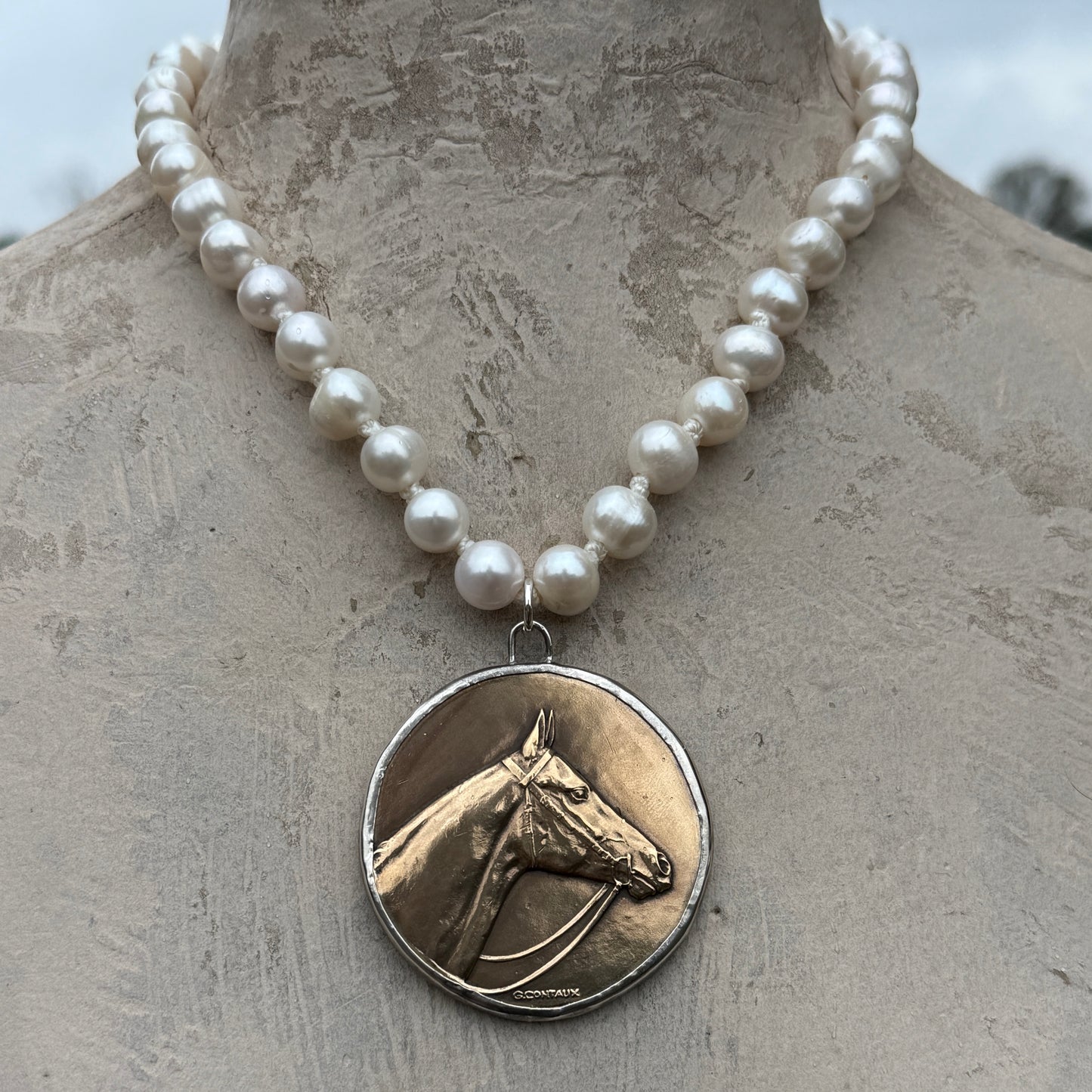 1934 Marseille Horse Head Medal on Pearl Necklace