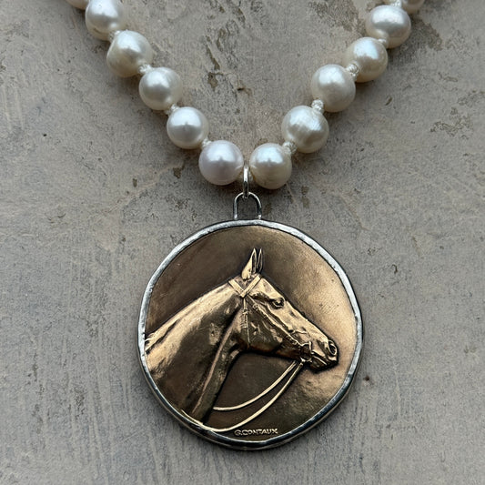 1934 Marseille Horse Head Medal on Pearl Necklace