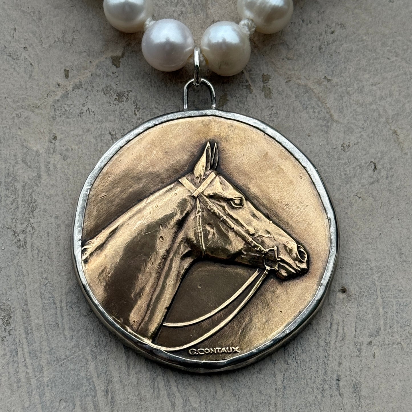 1934 Marseille Horse Head Medal on Pearl Necklace