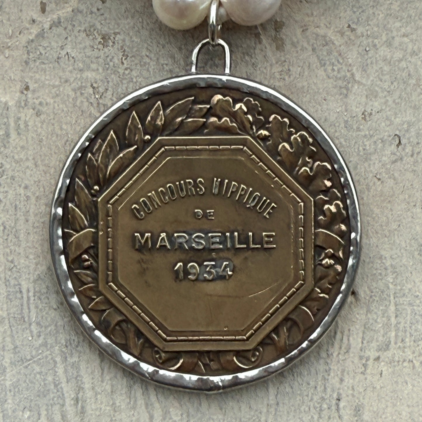 1934 Marseille Horse Head Medal on Pearl Necklace