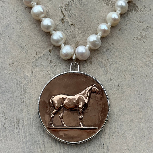 Vintage Confirmation Horse Medal on Pearl Necklace