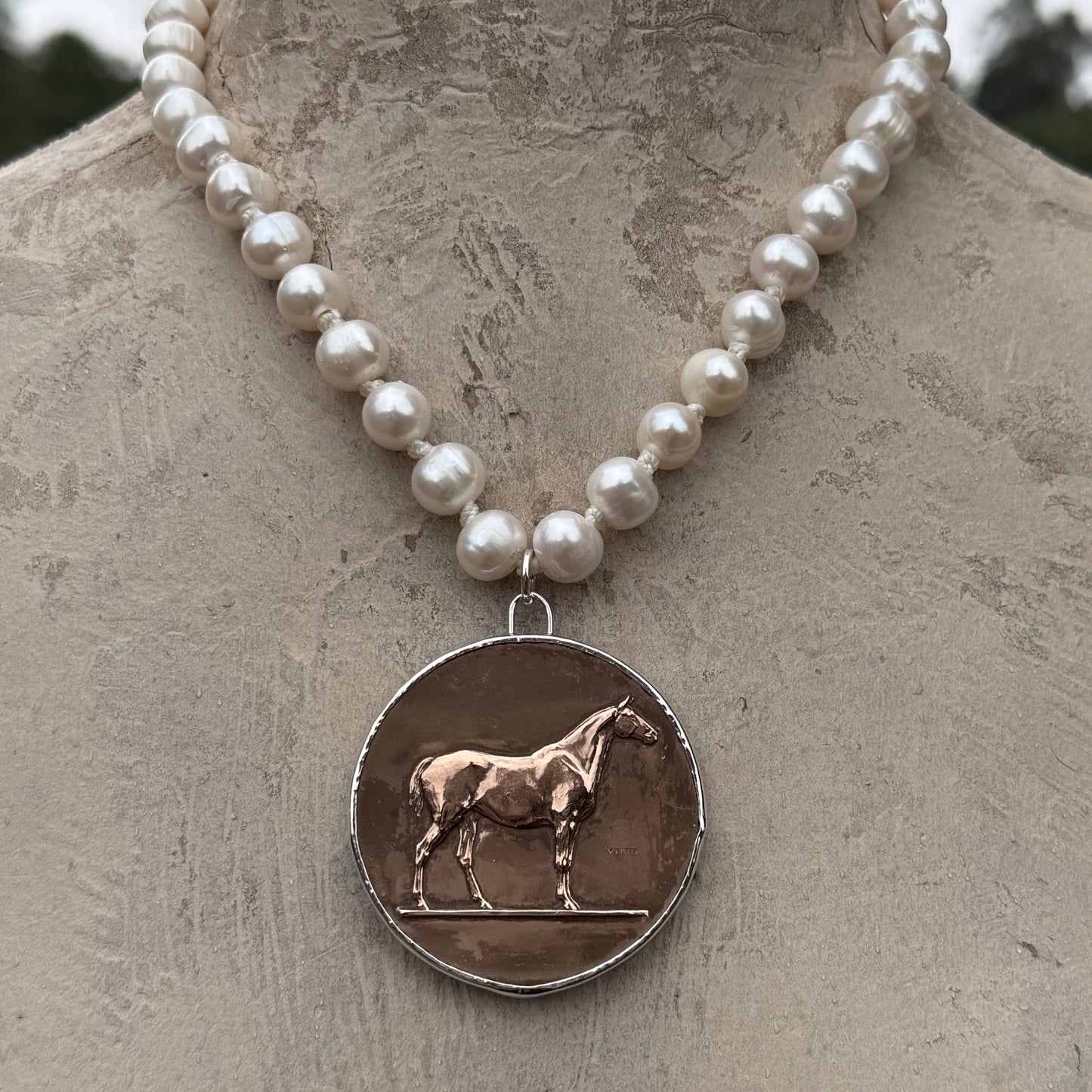 Vintage Confirmation Horse Medal on Pearl Necklace