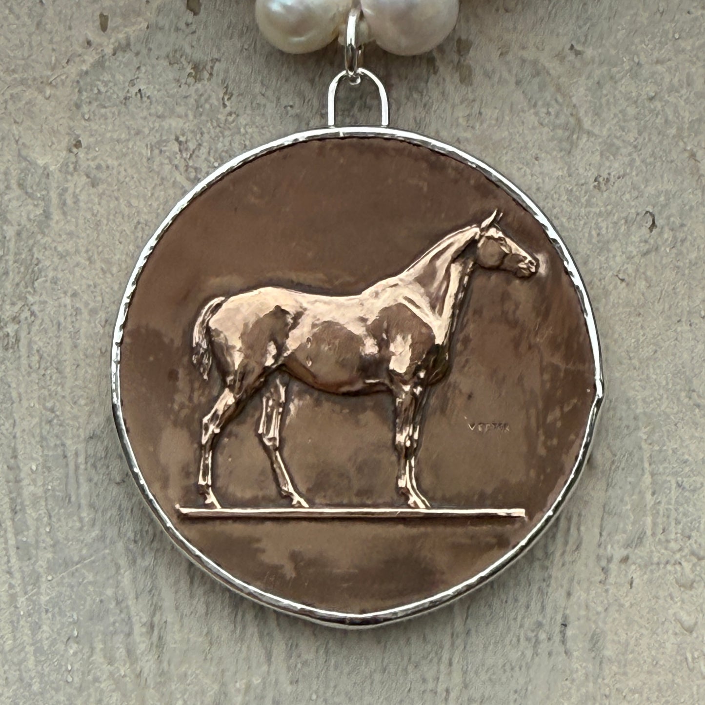 Vintage Confirmation Horse Medal on Pearl Necklace