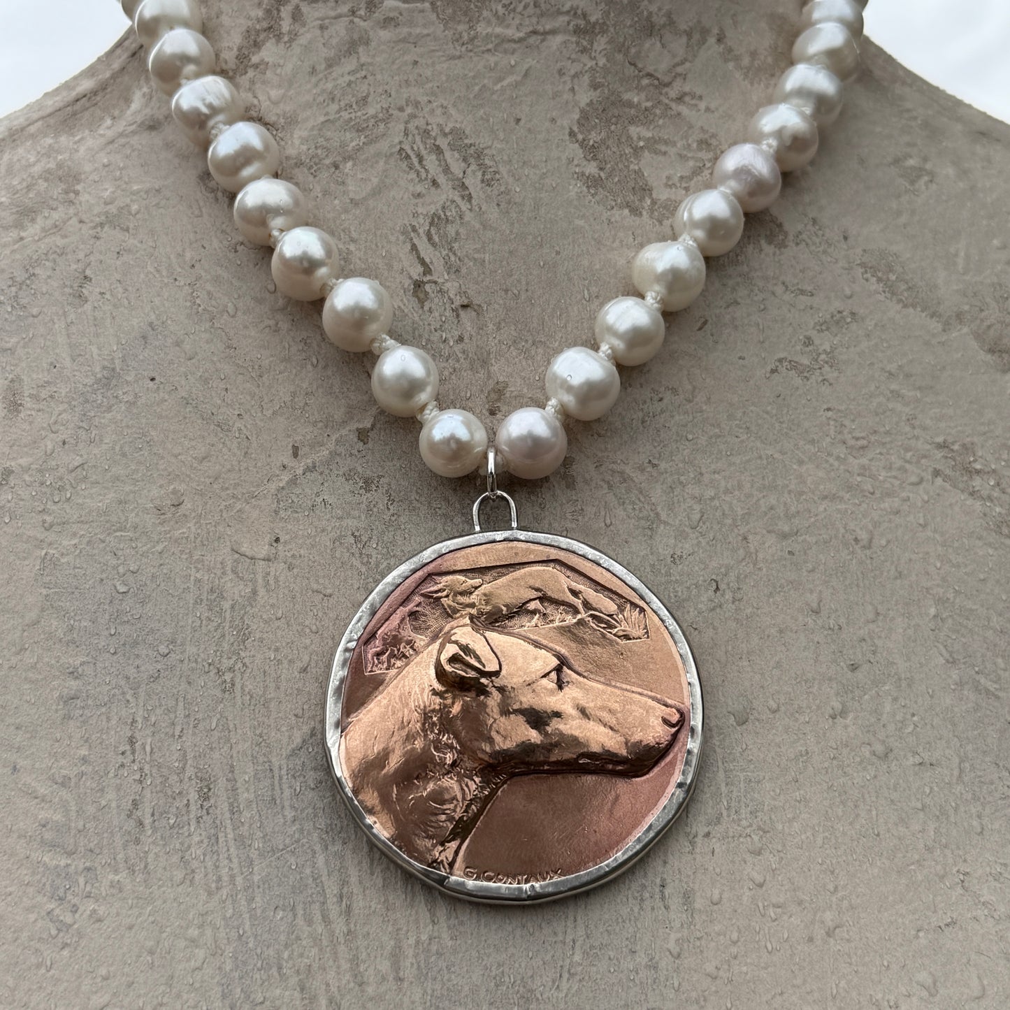 Bronze Terrier Medal on Pearl Necklace