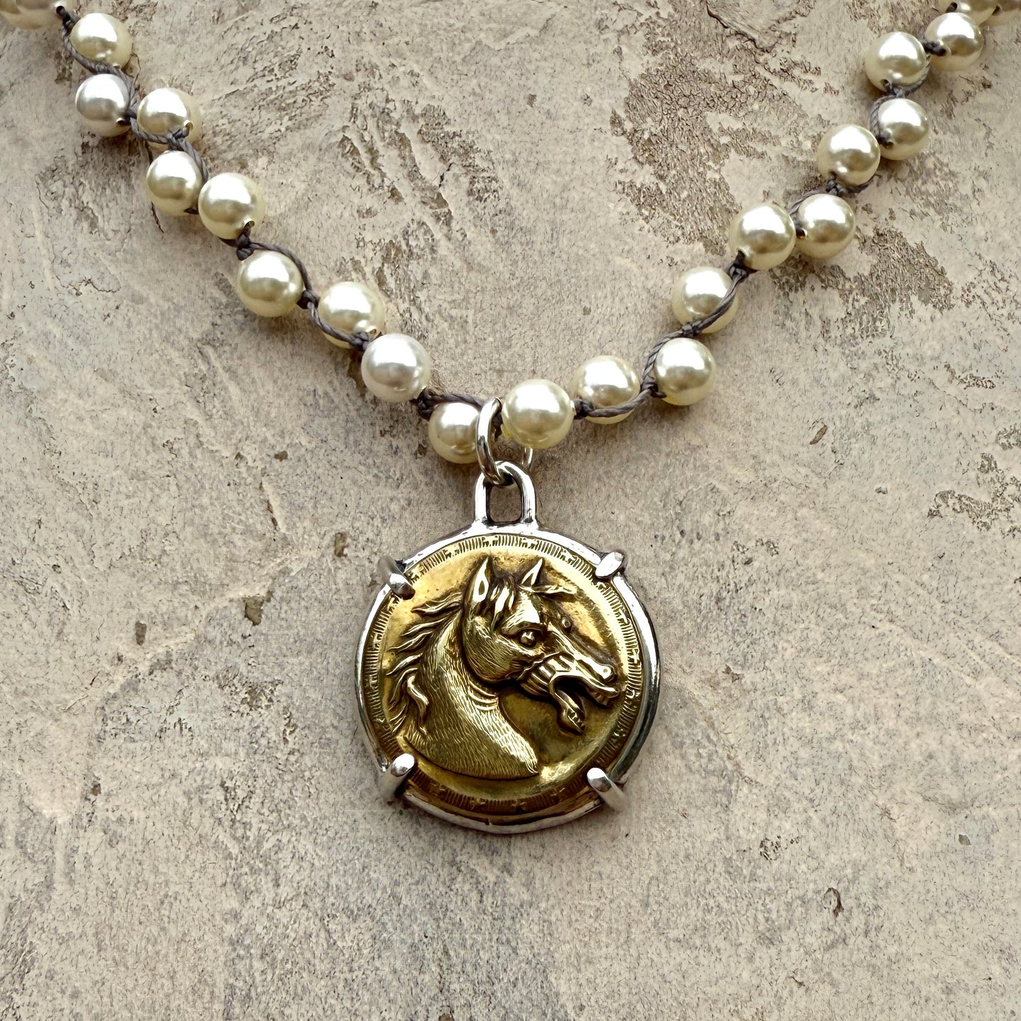 Brass Baroque Horse Button Necklace