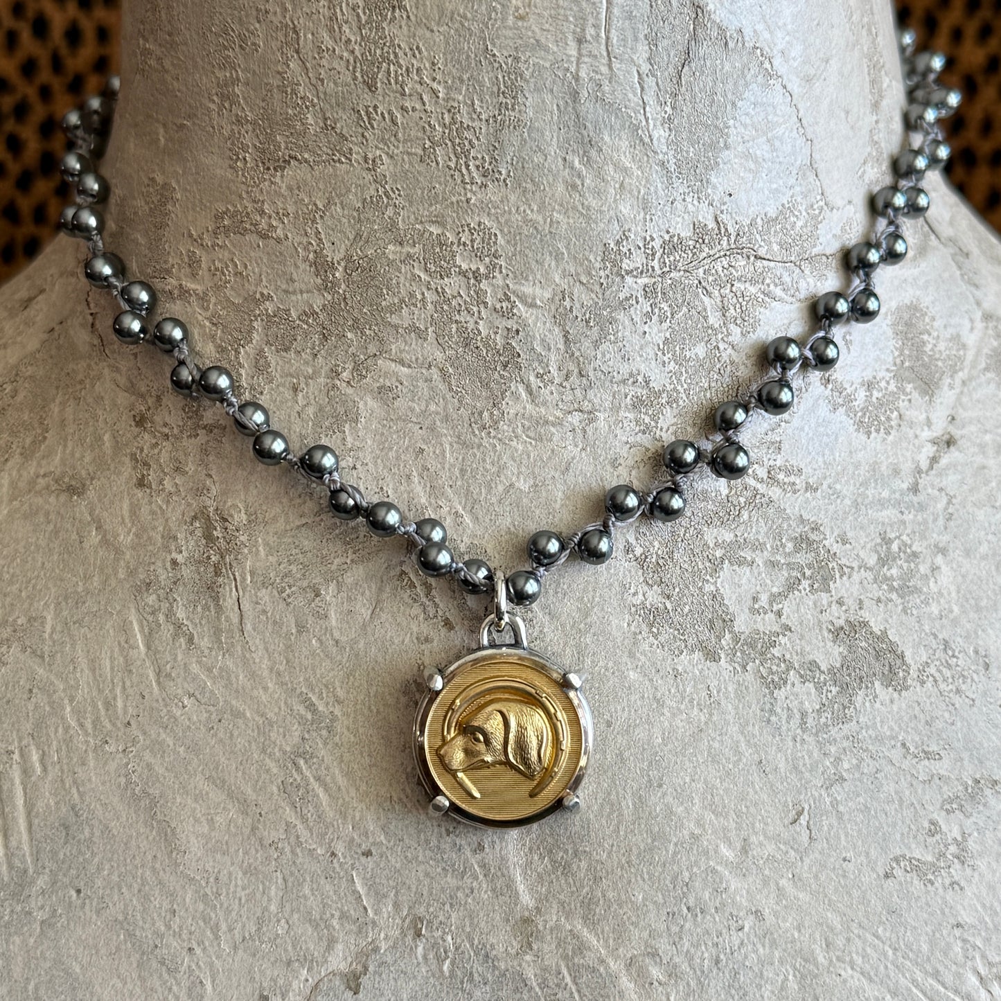 Gilded Brass Hound in Horseshoe Button Necklace