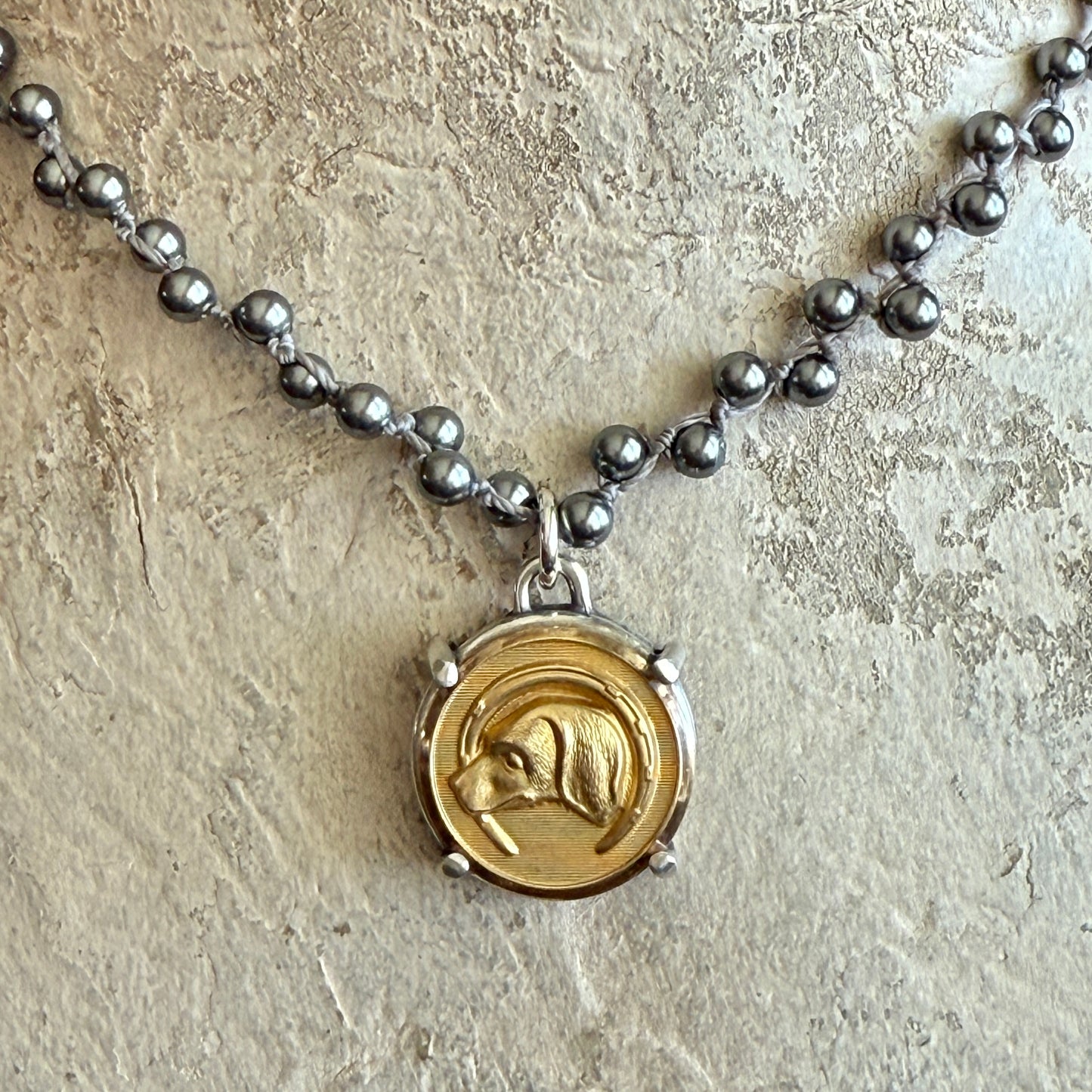 Gilded Brass Hound in Horseshoe Button Necklace