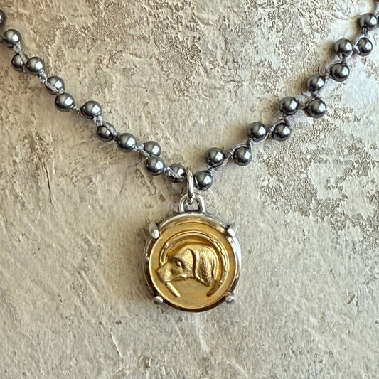 Gilded Brass Hound in Horseshoe Button Necklace